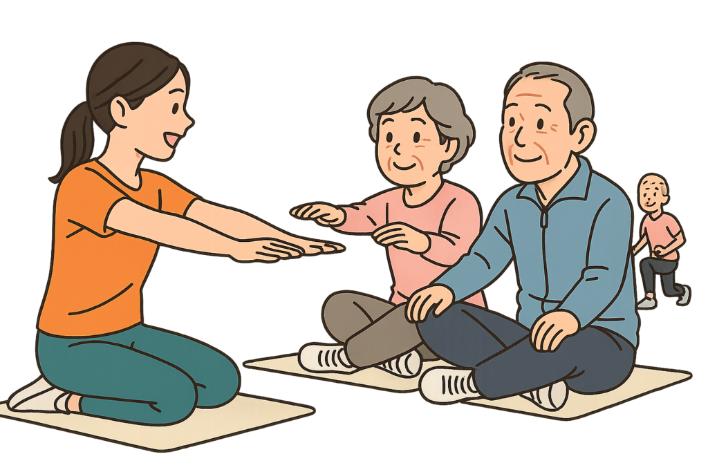 室内で高齢者達が女性トレーナーから指導をしてもらってる