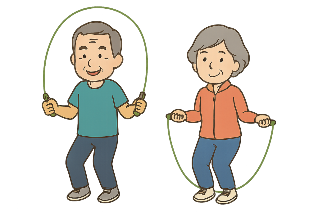 高齢y差夫婦が二人で縄跳びをしている