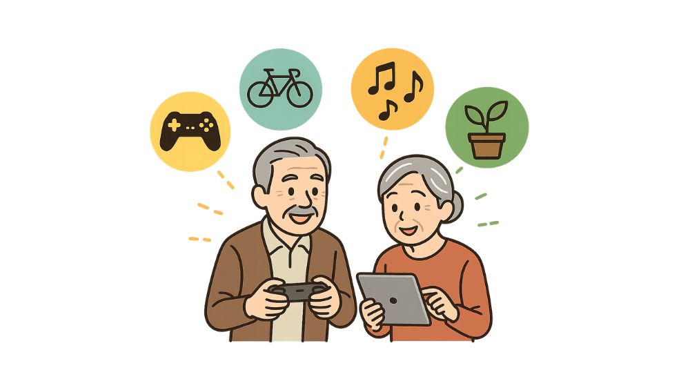 高齢者夫婦がアプリを見ながら、微笑んでいる