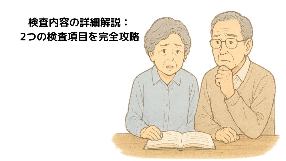 テキスト、検査内容の詳細解説:2つの検査項目を完全攻略と書いてあり、
高齢者夫婦が本を読んでいる