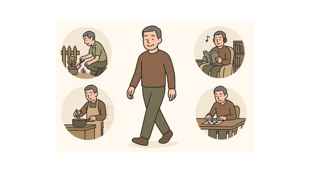 男性が歩きそこに、いろいろなビジョンが描かれている