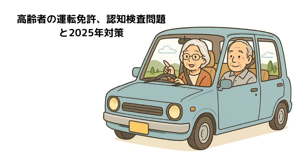 テキスト、高齢者の運転免許、認知検査問題と2025年対策と書いてあり、
高齢者夫婦が車を運転している