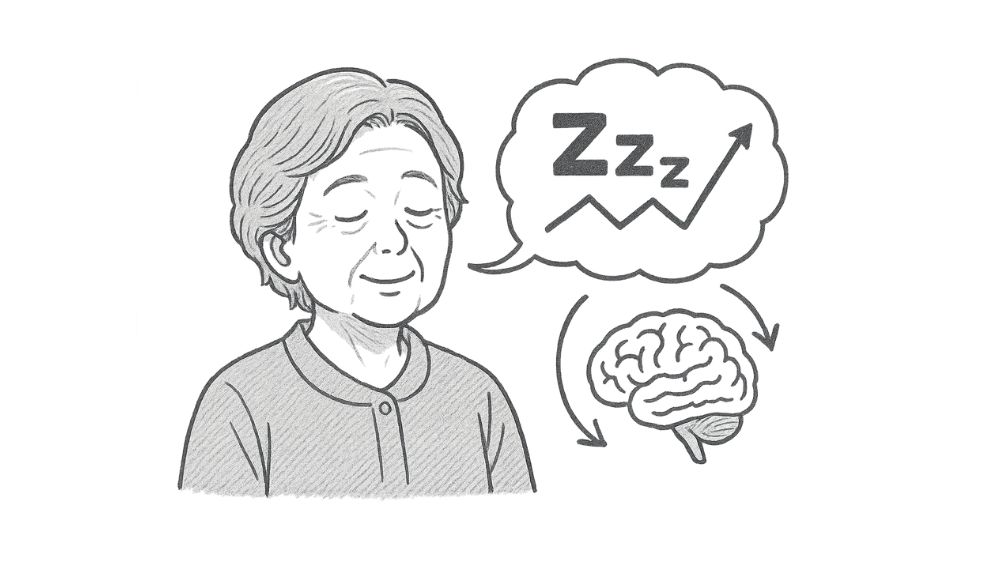 高齢女性が目を閉じ、睡眠状態を意識したイメージしている