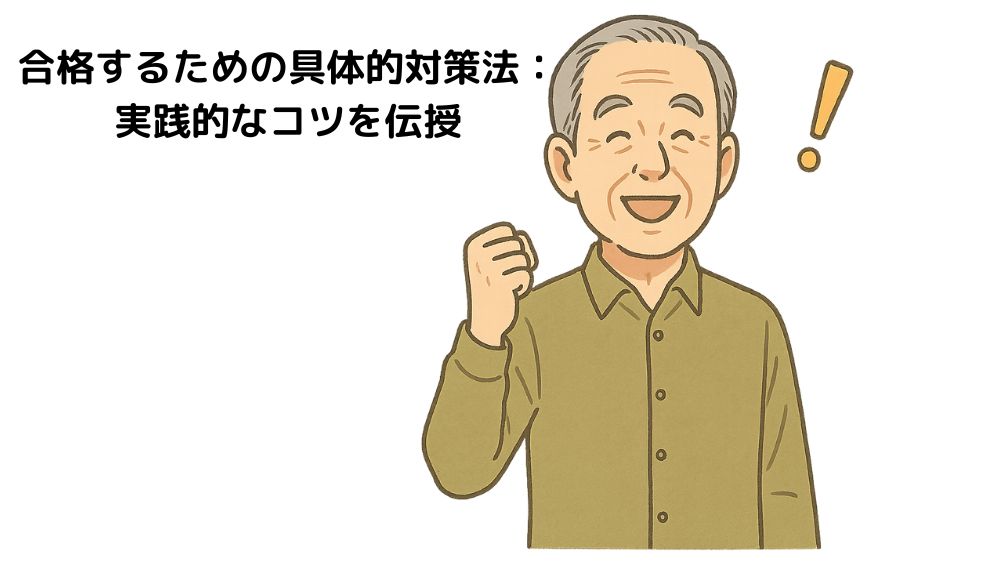 テキスト、合格するための具体的対策法:実践的なコツを伝授と書いてあり、
高齢者男性が拳を握り、微笑んでいる