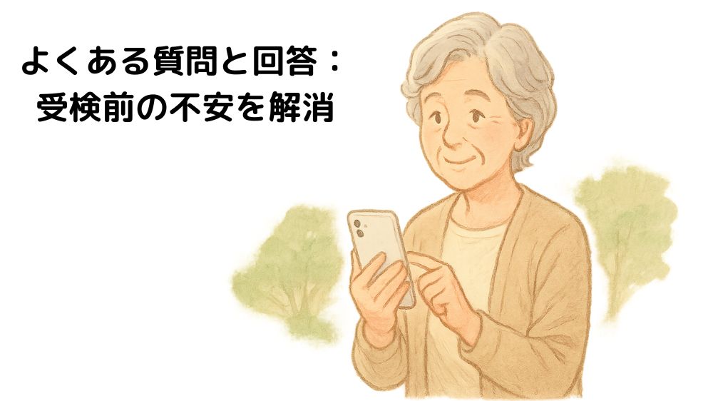 テキスト、よくある質問と回答:受検前の不安を解消と書いてあり、
高齢女性がスマホで調べている。