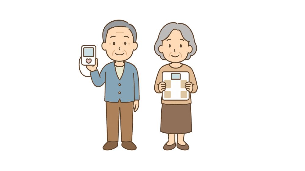 高齢者夫婦が健康管理のためのアイテムを持って微笑んでいる