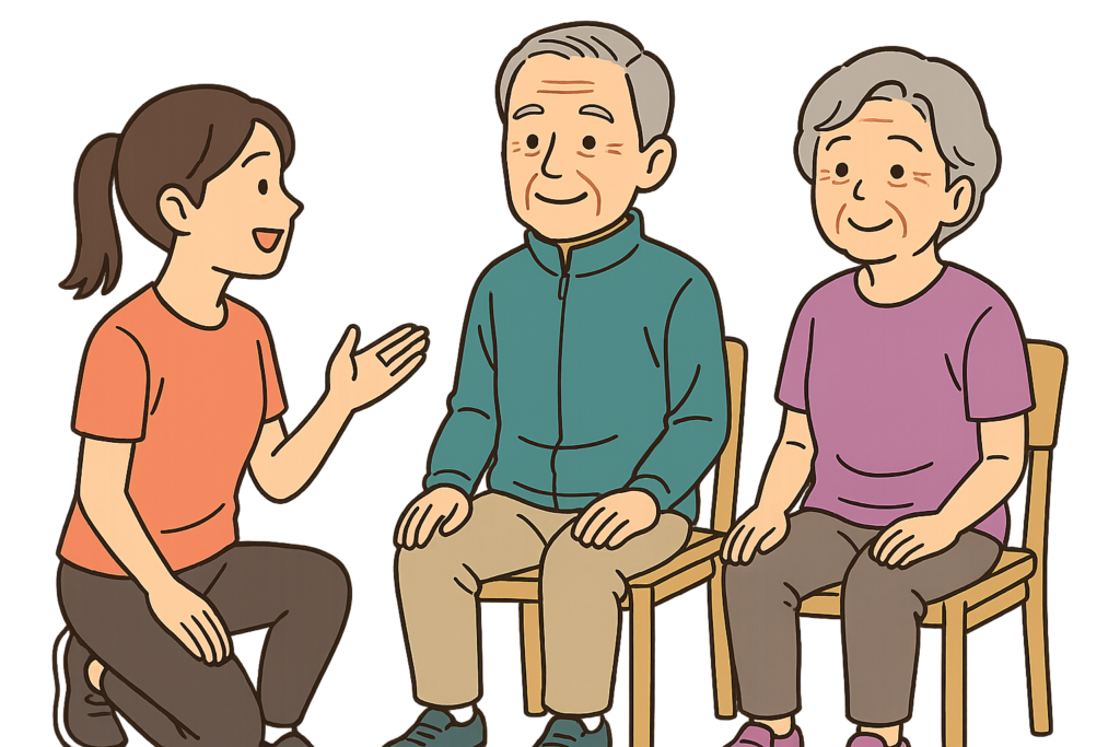 高齢者男女が女性トレーナーに指導してもらってる