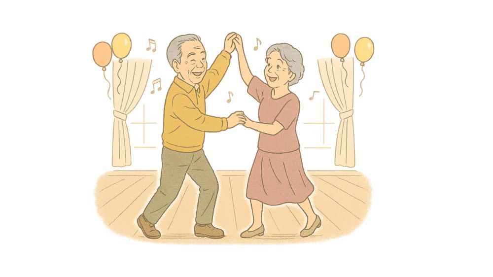 高齢者の二人が楽しそうにダンスをしている