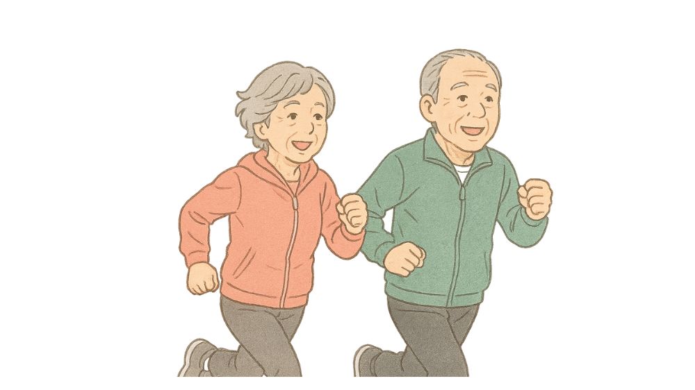 高齢者男女がトレーニングウエアーを着て走っている