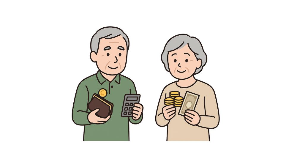 高齢者夫婦が電卓とお金を持っている