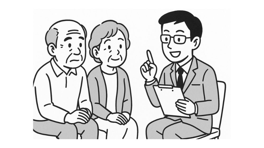 高齢者夫婦が男性専門家から睡眠のサポートを受けている