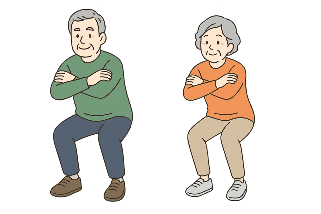 高齢者夫婦が腕を組んでスクワットをしている