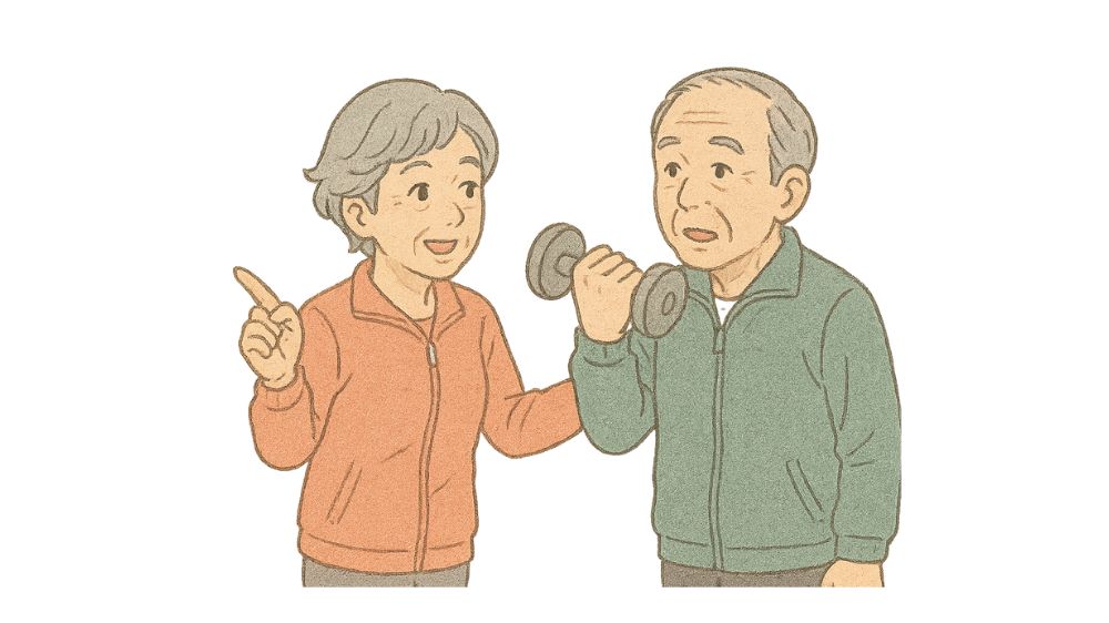 高齢男性が女性トレーナーから説明を受けている