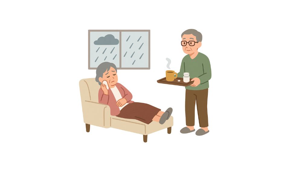 雨の日に女性はチェアーで横になり男性は薬と水を運んでいる