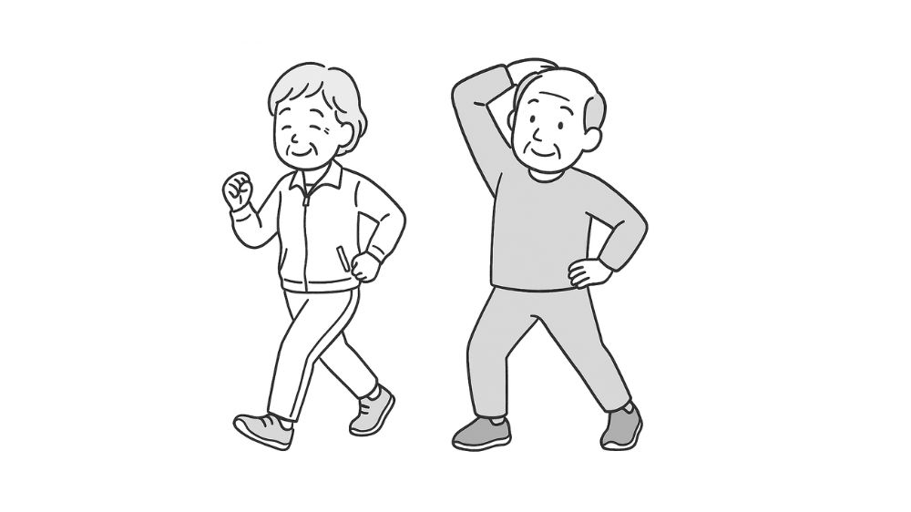 高齢者夫婦がトレーニングウエアーをきて、元気に歩いている