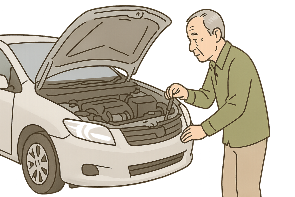 高齢者男性が車の点検をしている