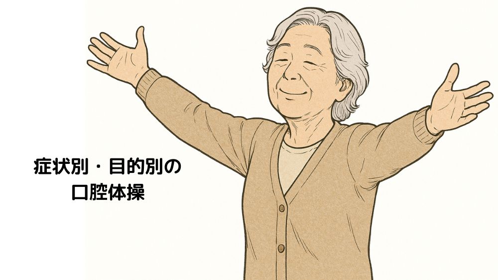 症状別・目的別の口腔体操のテキストに、高齢者女性が大きく手を広げ、気持ちよさそうに体操をしている
