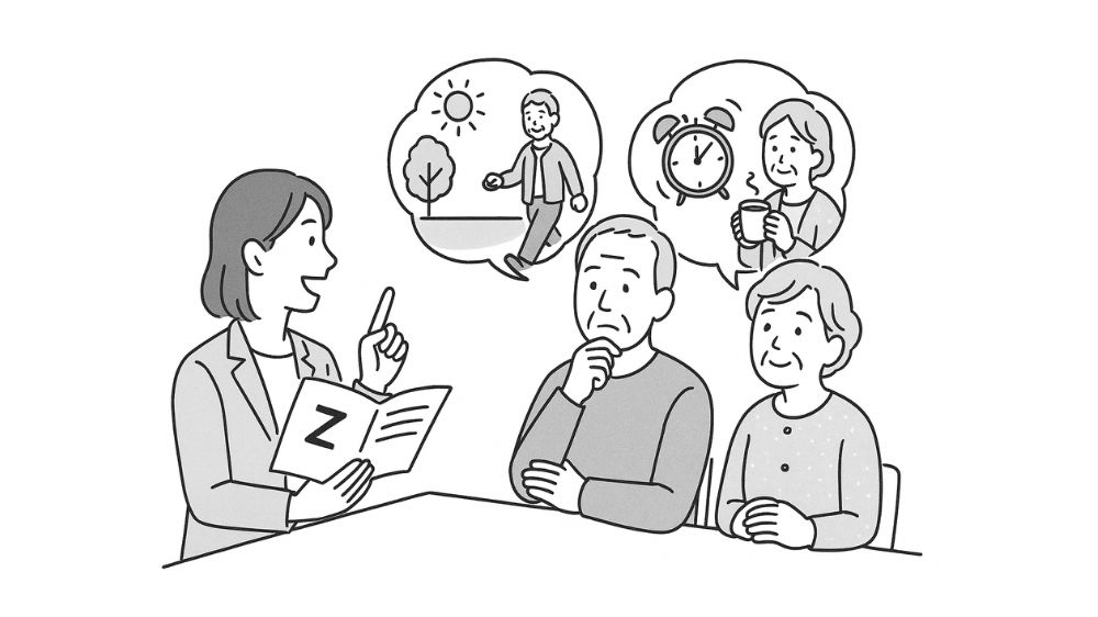 高齢者夫婦が女性専門家から睡眠改善の指導を受けている