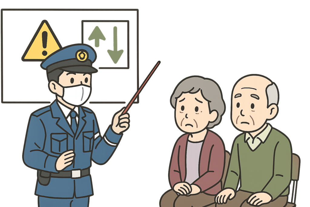 高齢者夫婦が警察官から安全講習を受けている