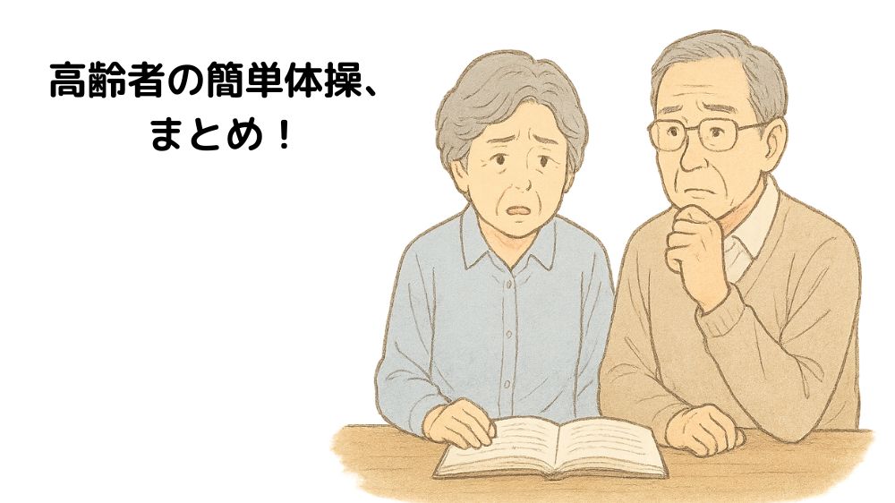 テキスト、高齢者簡単体操まとめ、と書いてあり、
高齢男女が解説書を読んでいる