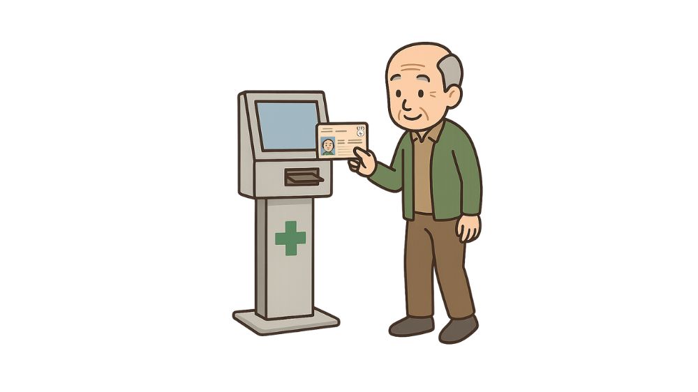 高齢者男性が機械にカードを差し込もうとしている