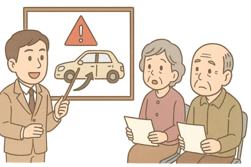 高齢者夫婦が指導感から講習を受けている