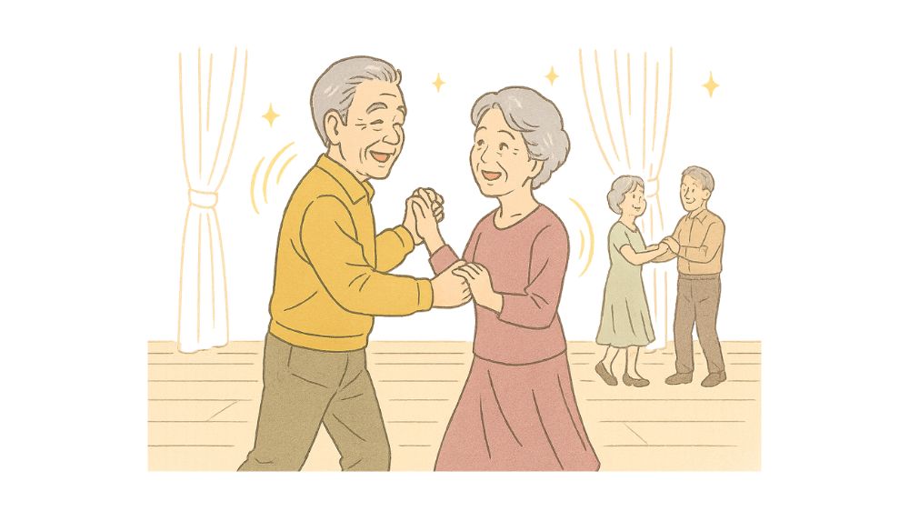 二組の高齢者男女が楽しそうに踊っている