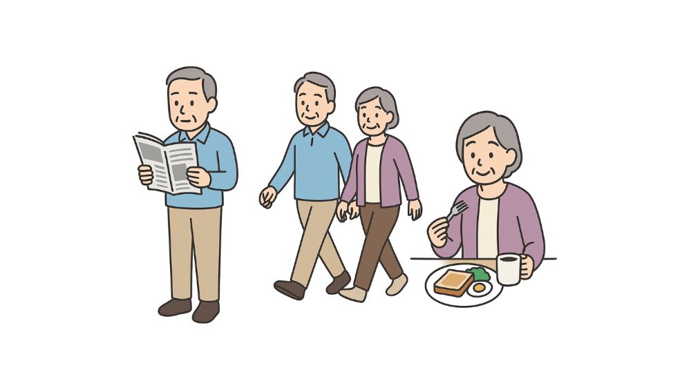 高齢者夫婦が朝の時間を有効に使っているイラスト