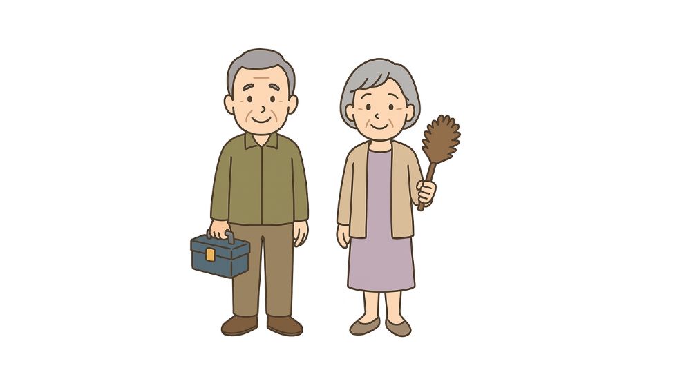 高齢者夫婦が手に道具を持って微笑んでいる